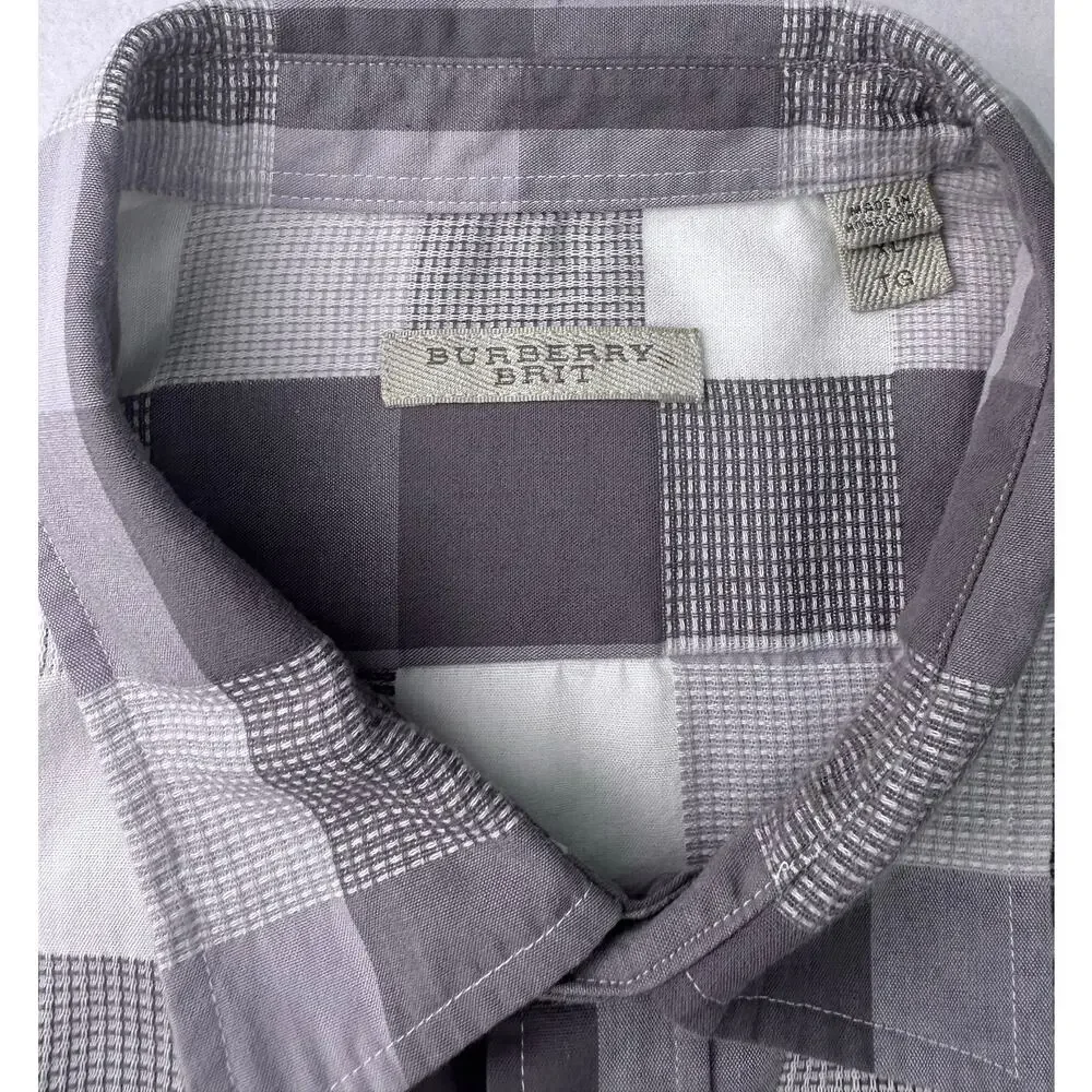 Burberry Brit Gray White Plaid Check Button Down Shirt Mens XL Equestrian Knight - Picture 4 of 14